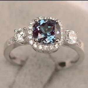 18K White Gold Cushion Halo 5CT Alexandrite Diamond Engagement Wedding Ring